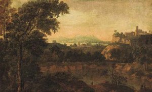 An extensive classical landscape with travellers near a lake