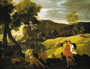 An Arcadian landscape with stories from the legends of Pan and Bacchus